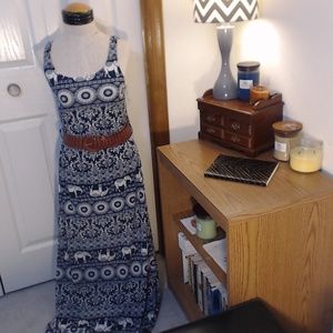 Blue and White Elephant Print Maxi Dress